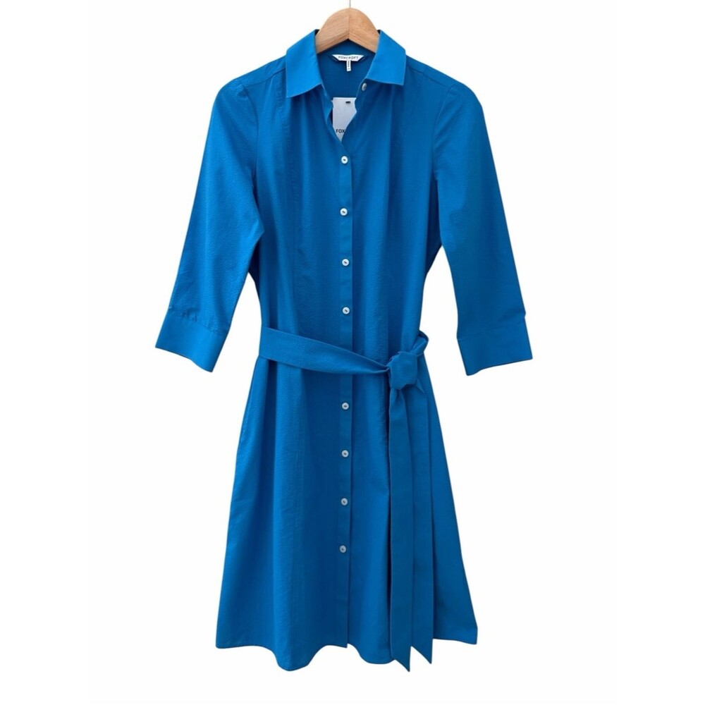 Foxcroft Blue Collared 3/4 Slv Tie Waist Seersucker Shirt Dress Size XS Pockets
